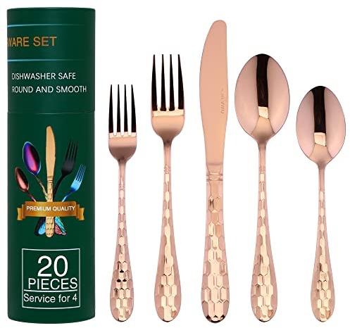 Hammered Silverware Set 20-Piece, 18/10 Stainless Steel Flatware Cutlery Silverware Set Service for 4, Unique Design Knife Fork Spoon Silverware Set, Mirror Polished,Dishwasher Safe (Rose Gold)