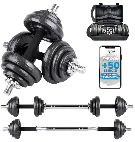 unycos - 2-in-1 Verstellbare Hanteln mit Übungs-E-Book, Gewichtsset mit Verbindungsstange und 20 kg Schweren Eisenplatten, Aufbewahrungskoffer, Heim-Fitnessstudio (Iron Transformer)