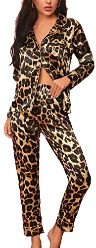 Conjunto De Pijamas De Seda De Manga Larga De Leopardo Suave De 2 Piezas para Mujer