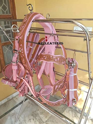 SHOWMEN CRAFT Leather Horse Driving Harness for Single Horse Cart In 4 Size Stylish Natural Horses Bridle Saddles Cavesson Cob, Pony & Shetland (Pink)