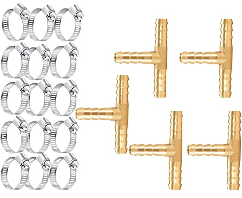 AOPANDA Brass Barb Tee Fittings 3/8, 3 Ways T-Shaped Union 3/8 ID Hose Pipe Fitting with 15pcs Stainless Steel Pipe Clamp, for Water/Fuel/Air (Pack of 5).