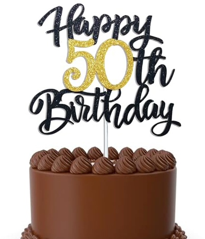 50th Birthday Cake Topper for Men and Women, Happy 50th Birthday Decorations, Gold and Black 50 Cake Topper for Mens 50th Birthday Party Decor, Cool 50 Year Old Birthday Decorations