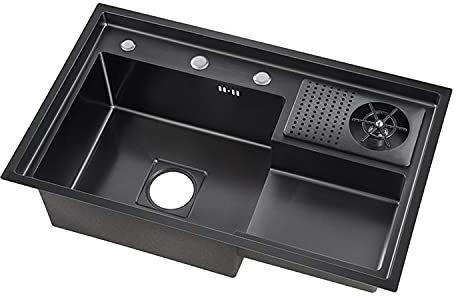 Küchenspüle aus Edelstahl, Einzelbeckenspüle, hohe und niedrige Abstufung, große Spüle mit Tassenwascher, 3 Löcher, Bar, Café, Glaswaschbecken (B)