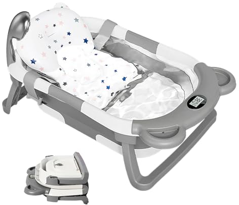 Baby Badewanne mit Thermometer,Baby Badewanne Faltbare,Tragbare Wanne für Neugeborene bis Kleinkinder mit Rutschfester Matte und Abflussloch