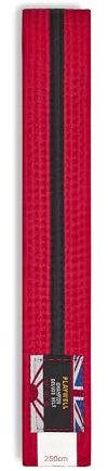 Playwell kampsport bomullsfärgat bälte med svart randigt graderingsbälte - (Karate, Judo Taekwondo), Rött bälte med svart rand, 250cm