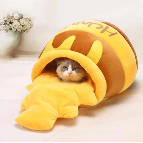 Murman Saco De Invierno para Gatos, Cama Cueva para Gatito, Cama para Gatos De Forma De Tarro De Miel De Dibujos Animados, Acogedora Cama De Felpa para Gatos Interior con Almohadas Extraíbles
