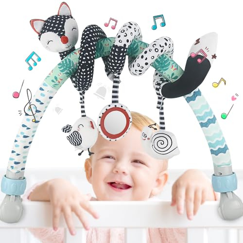 caterbee Baby Arch pram Toys, High-Contrast Black & White with Stretch & Spiral Hanging Activity Set, Adjustable Clamp for Strollers, cots & Car Seats, Includes Rattles, Squeaker & Teether (CT02)
