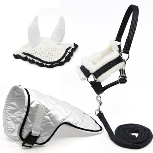 Juego de accesorios en blanco y negro para Hobby Horse y Caballo: cabestro de moscas con cordón + manta + gorro antimoscas