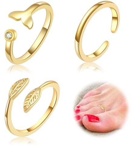 IKOPFLN 3 Pièces Bagues d'orteil Remplies d'or 14 Carats pour Femme Bagues à Bout Ouvert avec Feuilles Bagues De Pouce Réglables Bagues d'orteil en Or Bijoux de Pied de Plage d'Été