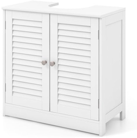 LIFEZEAL Meuble de Salle de Bain sous Lavabo, Coupe en U 24x20 cm, Meuble sous Vasque avec 2 Portes à Lamelles et 2 Étagères, 60x30x60 cm, Rangement sous Lavabo en Bois, Blanc