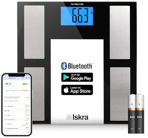 Iskra Body Fat Scales Bluetooth with App, 180 kg, for iOS and Android, BIA Technology, Digital Personal Scale, Body Analysis Scale, 10 User Body Scales