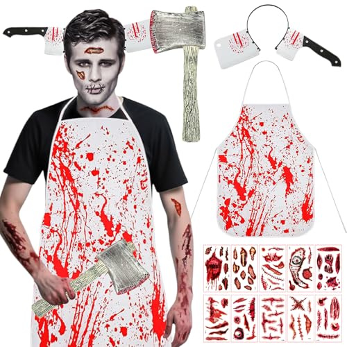 Tccydm Halloween Boucher Costume, Deguisement Halloween Homme, Tablier D'horreur, Couteau Sang, Bandeau en Forme de Couteau, Pour les Fêtes Carnavals festivals, les Jeux de Rôle