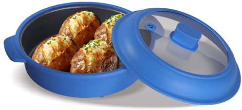 Microwave Grill Pan, Fry Griddle Crisper Pan with Lid for Grilling Browning and Crisping Foods Microwave Silicone Cookware for Baked Potato Meat Sandwich Vegetable Blue