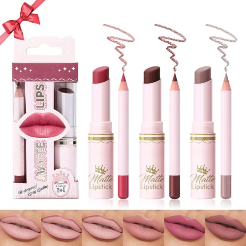 Desing Wish 3 Piezas Pintalabios Perfilador Permanente Labios Rojo Rosa Brillo Barra de Labios Labiales Mate Larga Duracion Labial Delineador Labios Lip Tint Lip Liner Kit Mujer Regalo Maquillaje