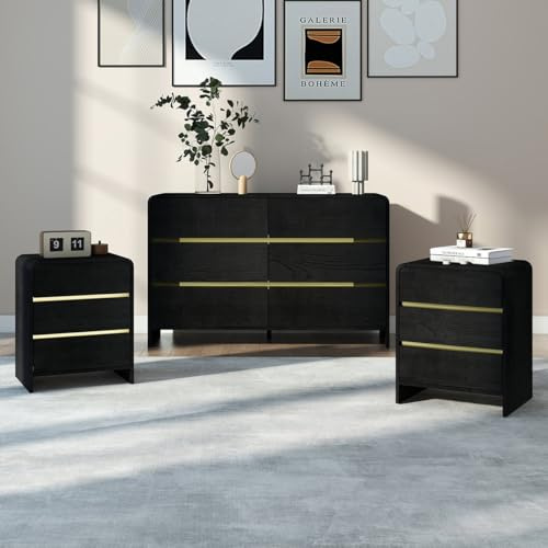 Melody Maison Black Chest of Drawers and Pair of 3 Drawer Bedside Tables - Meridian Black Range