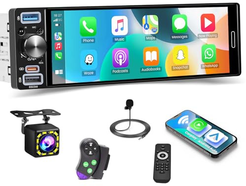Autoradio 1Din Roinvou avec Carplay et Android Auto, Écran Tactile IPS Incell 6,5 - Autoradio Bluetooth 1 DIN avec Rétroéclairage Coloré, EQ, AM/FM/RDS, Ports USB/Type-C + Caméra de Recul