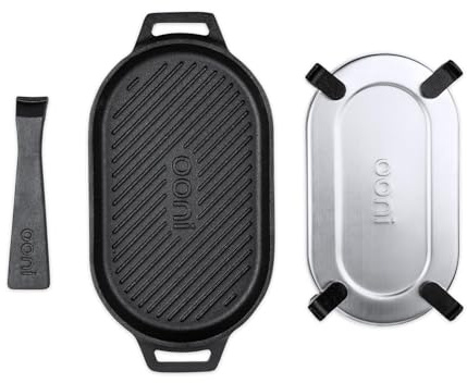 Ooni Grizzler Pfanne aus Gusseisen, Grill-Bratpfanne, 31 cm x 16 cm, Grillplatte mit abnehmbarem Griff und Edelstahl-Untersetzer, voreingebranntes antihaftbeschichtetes ofenfestes Kochgeschirr