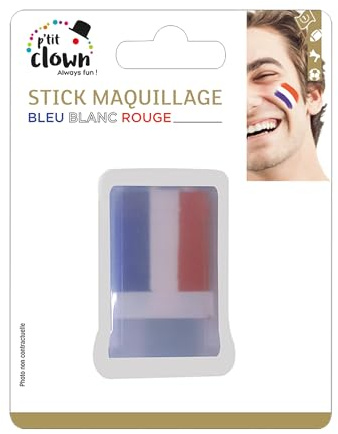 P'TIT CLOWN - 61002 - Stick de Maquillage Bleu Blanc Rouge - Parfait pour Supporter la France Lors des Célébrations et Événements Sportifs - Facile à Utiliser