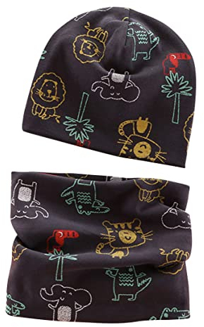 Tukistore Baby Kinder Mütze Schal Set Winter Baby Jungen Mädchen Niedlich Beanie Hüte + Loop Schals Mütze Rundschal Halstuch Nackenwärmer, Dinosaurier, L (Geeignet für 3-7 Jahre alte Kinder)