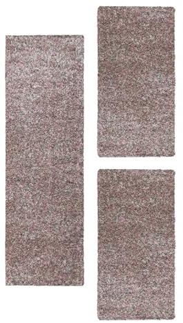 HomebyHome Bettumrandung Schlafzimmer 3 teilig Teppich Rosa-2 - Waschbarer Bettumrandung Teppich Läufer Set Extra Flauschig Bettvorleger Schlafzimmer Bettset:2 St. 60x110 cm | 1 St. 80x150 cm