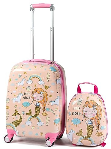 COSTWAY Set di Valigia per Bambini, 16 Valigia+ 12 Zaino, 2 Pezzi, con Ruote Girevoli a 360° e Maniglia Retrattile, Ideale per Viaggiare in Modo Comodo e Divertente (Modello 3)