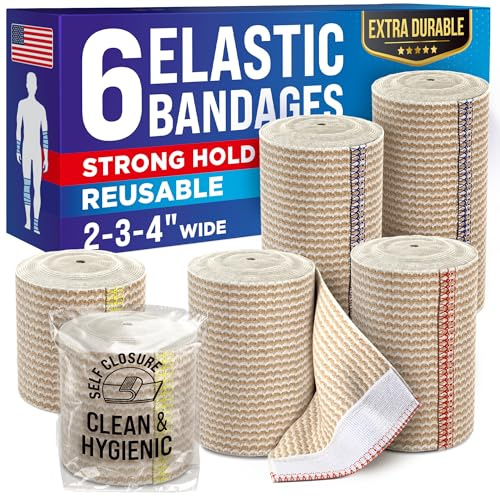 High-Performance Elastic Bandage Wrap - 6 Pack (2x2in, 2x3in, 2x4in) - Self-Closing Strong Compression Bandage Wrap for Leg, Ankles, Wrists, and Knees - for First Aid Kit and After Surgery Recovery