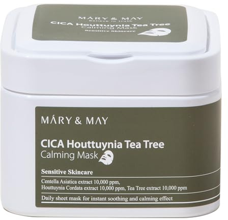 Mary&May CICA Tea Tree Calming Mask 30 Sheets – Sheet Mask for Blemish-Prone & Spot-Prone Skin, Centella Asiatica + Houttuynia Cordata + Tea Tree 10,000ppm Each, Pull-Out Tub with Tweezers