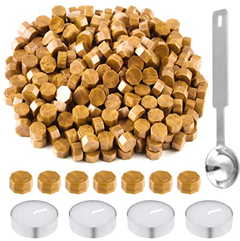 BOUIEXYE 500 Pcs Octagon Sealing Wax Beads Gold Wax Seal Beads with 4 Pcs Tea Candles and 1 Pcs Wax Melting Spoon for Crafts Letter Wine Greeting Cards Sealing