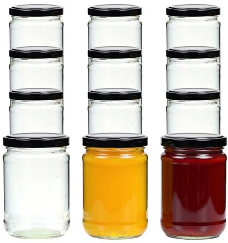 gouveo Lot de 12 pots à confiture 580 ml Classique avec couvercle à visser noir BS - Pots à provisions avec couvercle à visser TO82 - Pots à confiture et bocaux à conserves vides