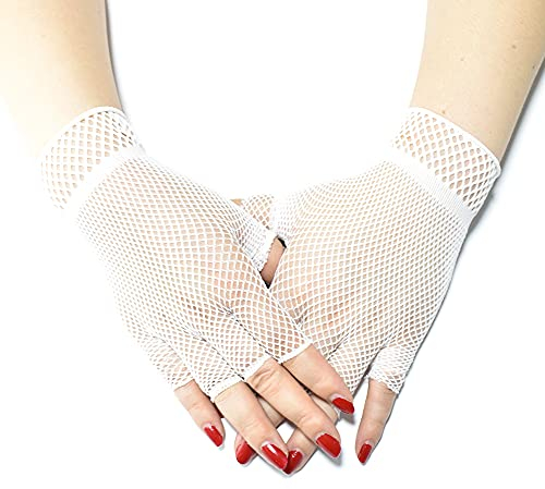 SYSUII Kurz Netzhandschuhe für Damen,1 Paar Fingerlose Fischnetz Handschuhe Netz Mesh Abendhandschuhe für 80er Jahre Verkleidung Kostüm Party Lieferungen Halloween Cosplay Zubehör -Weiße,22 * 12cm