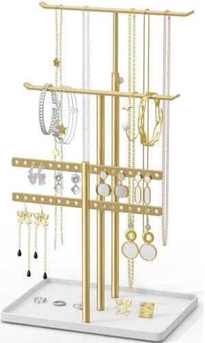 susswiff Jewelry Holder Organizer Stand - Adjustable Jewelry Tree 17.5 Height (Max), Jewlery Hanger for Necklaces, Bracelets, Earrings, Aesthetic for Storage and Display, Metal, Gold and White