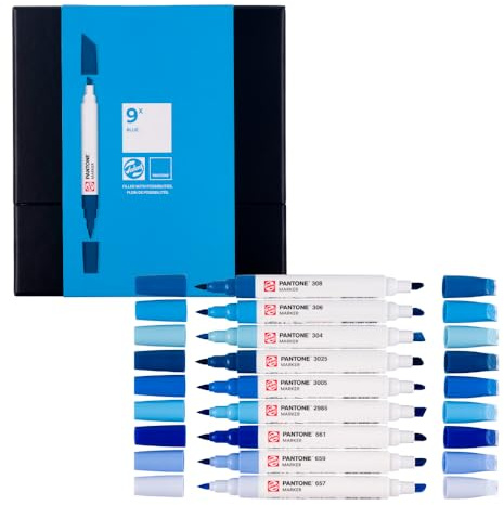 Talens | Pantone Marker Set de 9 Blue | Rotulador Doble Punta con Punta de Pincel y Cincel | Tinta Pigmentada a Base de Agua en Colores Pantone