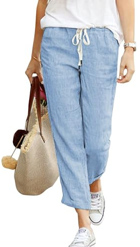 Damen Leinen Sommerhose, Leicht und Atmungsaktiv, Blau