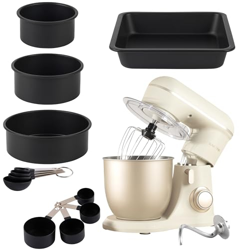Salter COMBO-8906 Bakes Stand Mixer & Baking Set – With Cake Tins, 8Pc Measuring Cups & Spoons, Electric Baking Whisk, 10 Speeds with Pulse Setting, 4 Litre Mixing Bowl, Non-Stick, 1300 W, Black/Gold
