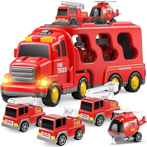 TEMI Feuerwehrauto Spielzeug für 3 4 5 6 Jahre Jungen Mädchen,5 in 1 Träger LKW für Kleinkinder 1-3, Reibung Power Auto Spielzeug für Kinder 3-5, Weihnachts-Geburtstagsgeschenke für Alter 3-9