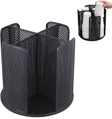 Yallmie Rotatable Coffee Cup Holder, Cup Lid Organizer with 4 Compartments Paper Cup Dispenser, Cup Holder Rack Durable Paper Cup Storage for Countertop Home Office Coffee Shop (Black)