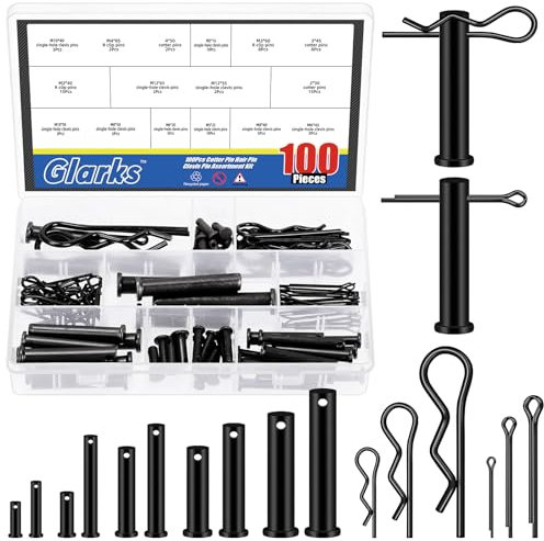 Glarks 100 unidades de 16 tamaños Clevis Pins con Cotter Pins y R Clips Set, negro, incluyen pasadores de bisagra de enlace con accesorios de sujeción para llaves y clips R, Kit de pasadores Clevis de