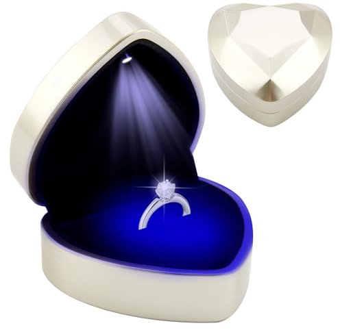 Ring Box With LED Light Heart Shape Jewellery Gift Box Auto Lighted Up ring boxes for jewellery earring Case Diamond Luxury Storage Display Holder for Engagement Proposal Wedding New Year (Gold)