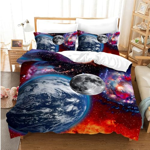 CIUNVXD Rymdtema sängkläder set för barn, 3D universum stjärnhimmel, planet barnsängkläder, natthimmel, påslakan för universum (C, 135x200cm)