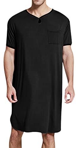 IQYU T-shirt extra long pour homme - Chemise de nuit à manches courtes - Pyjama confortable - Chemise de nuit avec manches courtes larges - Doux pour la peau - T-shirt d'été pour homme, Noir , 3XL