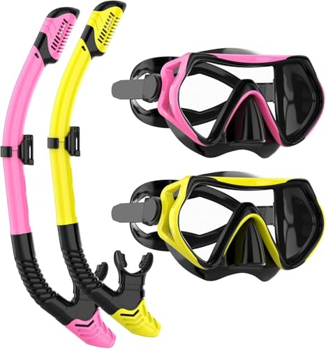 Snorkeling Gear for Adults, JRing Snorkel Mask Set with 180 Degree Tempered Glass Anti Fog Goggles Scuba Dry Top Snorkel for Swimming, Scuba Diving Mask for Men Women (Yellow+Pink)