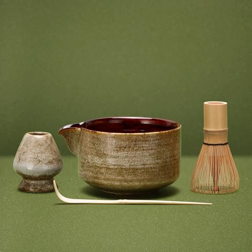 DiDiBirDi Matcha Tea Set 4 Pcs, Japanese Traditional Ceramic Bowl, Matcha Whisk (Chasen), Scoop (Chashaku), Whisk Holder (Brown)