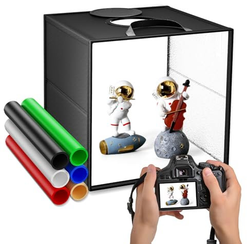 Caja de Luz Fotografía 30x30x30cm, Almacenamiento Portátil Plegable Light Box Fotografia, Equipado con Paños de Luz Suave y con 6 Tableros de Fondo de Colores
