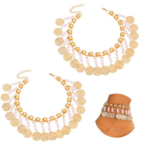 AffeGifts fotkedjor för kvinnor guld med tofs och päron (2 stycken), boho vristlänkar, vristlänk med pärlor för kvinnor, justerbar storlek, sommar och strandsmycken, presenter, Eine Grösse, Rostfritt