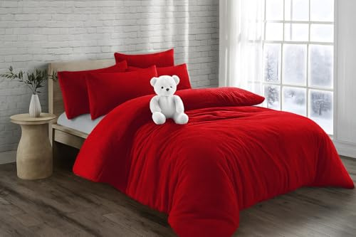 KD HOME EVERYTHING YOU NEED Teddy Bear Fleece Super Soft Fluffy Warm and Cosy Duvet Sets with matching Fitted Sheet and Pillowcases (Red, Doubel Duvet Set)
