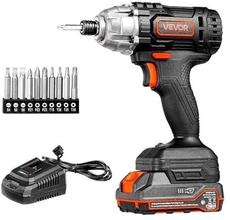 VEVOR Impact Driver, 1/4 Inch, 2800 RPM Max Speed, 20 V Powerful Motor, Electric Cordless Impact Driver Kit with Battery and Charger, 10 Bits, LED Work Light, for Furniture, Electrical, Home Repairs