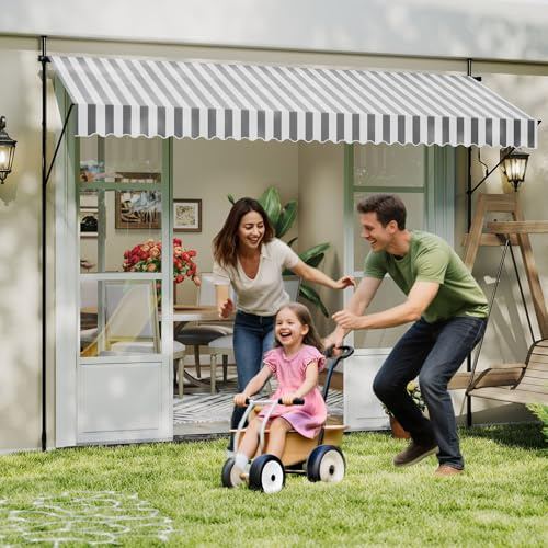 UISEBRT Klemmmarkise Balkon 300cm breit - Markise mit Handkurbel Höhenverstellbar Balkonmarkise ohne Bohren, UV-Schutz, Sonnenschutz, Wetterfest (300 x 120cm, Grau-Weiß)