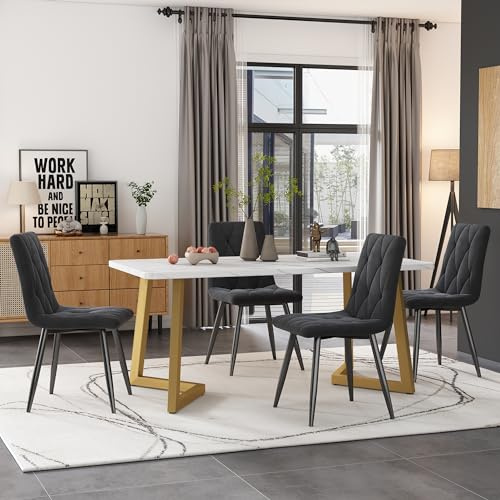 Generiskt rektangulärt matbord med 4 stolar set – modernt köksbord 117 × 68 cm i grått sammet och guldben – matgrupp för matsal och kök