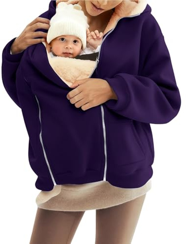 riou Sudadera Forro Polar Mujers Mamá Bebé 2 en 1 Sudadera Cálida de Invierno de Forro Polar Chaqueta Informal Oversize Elegante Hoodie Cálida y Mullida con Bolsillos Talla Grande