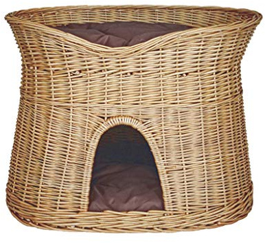 Damian-Wiklina Kattkorg för sömn - kattkoja inomhus - storlek XL: 70 cm oval - kattgrotta av pil - hundar med två våningar - eller kattsäng med tvättbar kudde i brun - naturlig korgfärg
